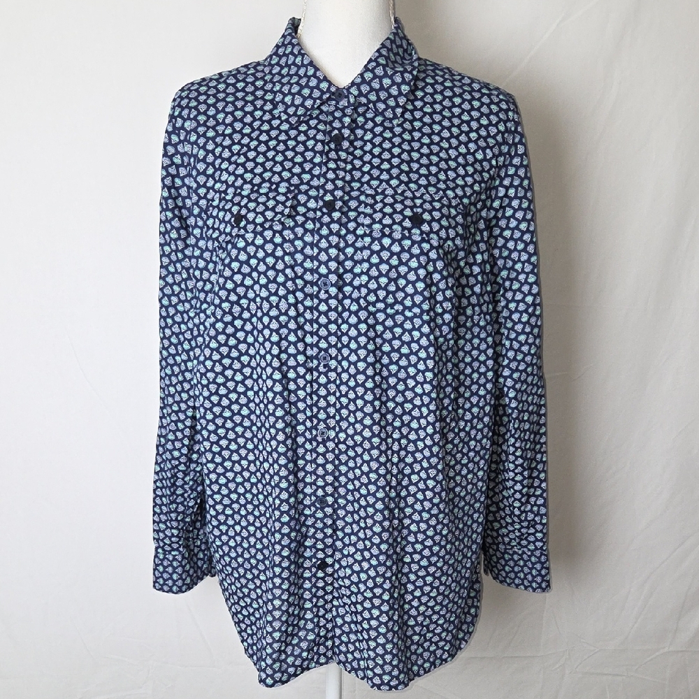 Talbots Women's Button Front Roll Tab Sleeve Multi Color Patterned Shirt Sz X